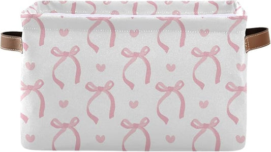 Aslsiy Storage Basket Cute Coquette Pink Bow Nursery Bins White Baby Box Canvas Clothes Shelf Basket Laundry Hamper 1 Pcs