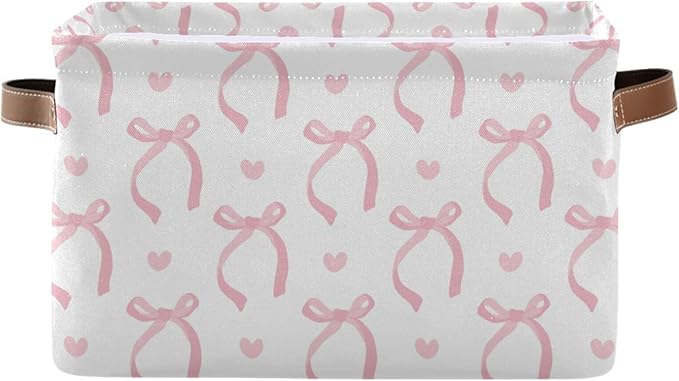 Aslsiy Storage Basket Cute Coquette Pink Bow Nursery Bins White Baby Box Canvas Clothes Shelf Basket Laundry Hamper 2 Pcs