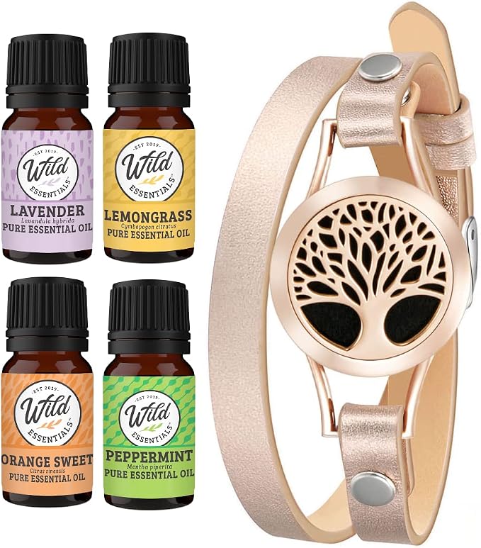 Wild Essentials Rose Gold Tree Essential Oil Leather Wrap Bracelet Diffuser, Gift Set, Lavender, Lemongrass, Peppermint, Orange Oils, 12 Pads, Customizable Color Changing Perfume Jewelry, Aromatherapy