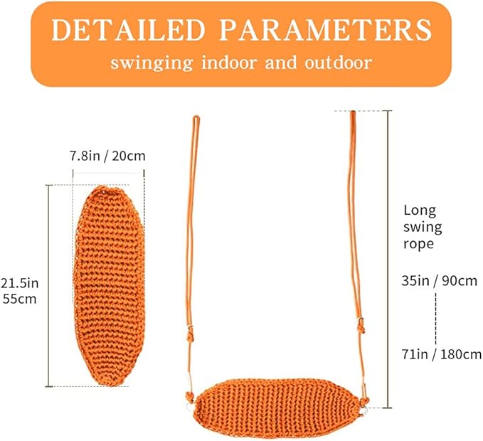 Hand-Knitting Kids Swing, Indoor Outdoor Portable Tree Swing Seat,Adjustable Ropes, with Hanging Strap and Snap Hook for Camping Hiking Backyard Playset and Playroom, Easy Install(Orange)
