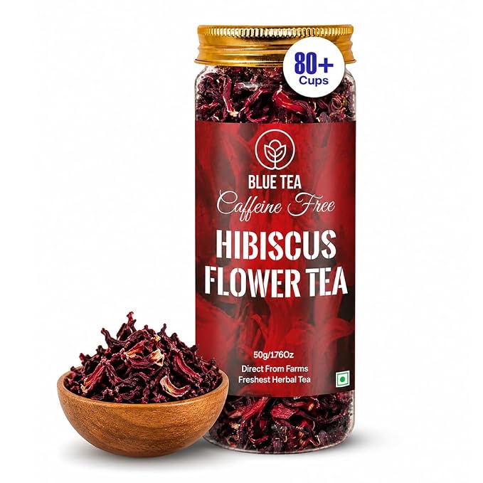 BLUE TEA - Hibiscus Tea - 1.76 Oz (80+ Cups) Loose | SKIN GLOW ENHANCING TEA | Herbal Tea - Flower Based - Non-Bitter - Caffeine Free - Tangy Flavour - Vitamin-C Rich | Pet Jar Pack