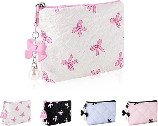 Mini Makeup Bag, Small Bow Tie Cosmetic Bag for Purse with Keychain, Portable XS Travel Makeup Pouch for Daily Use (Pink)