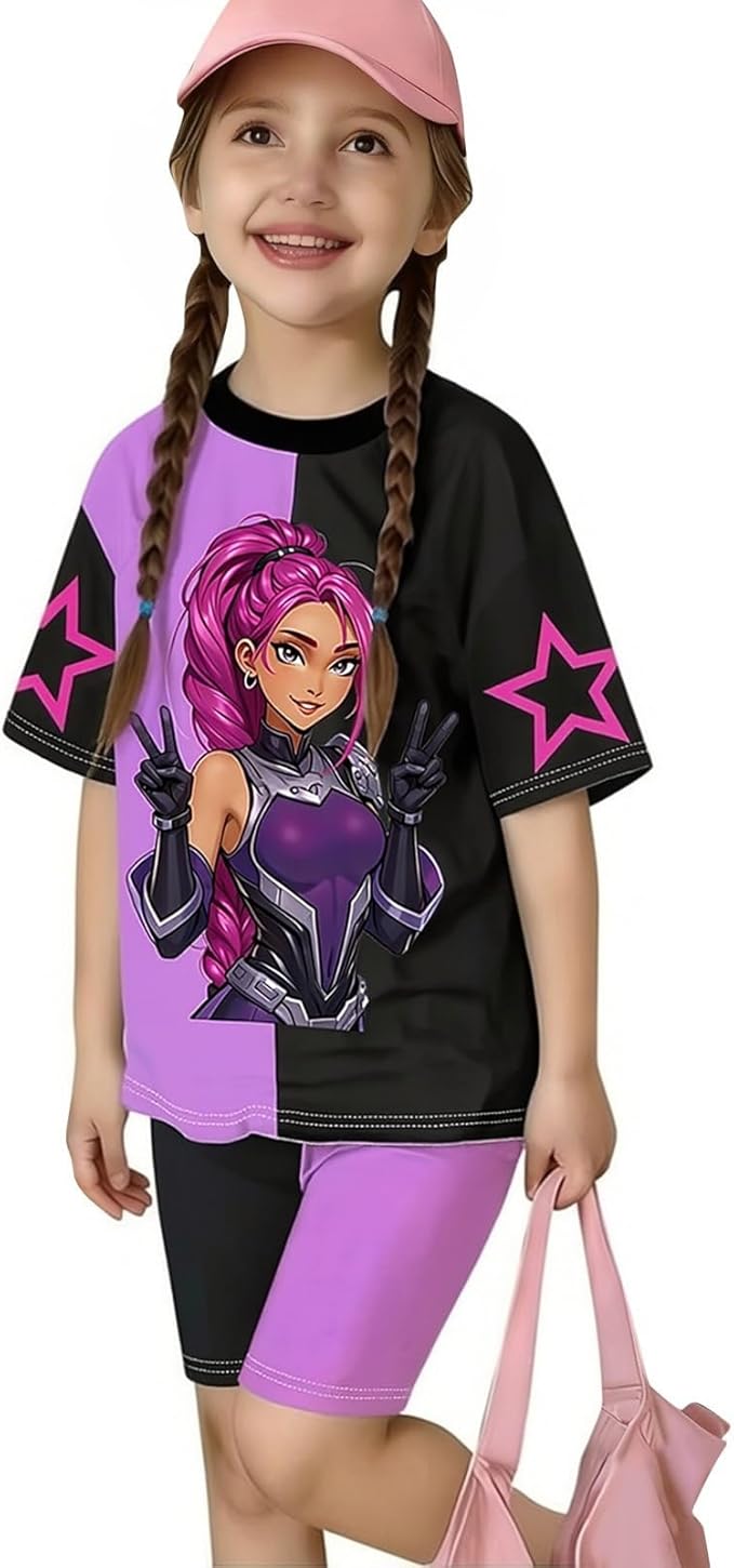 K-POP DEM0N Hunters Outfits for Girls, 2 Piece T-Shirts and Apparel Sets Birthday Gift