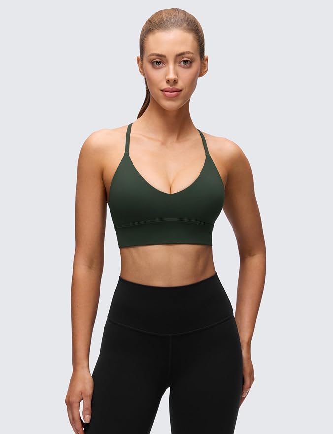 CRZ YOGA Butterluxe Thin Straps Cross Back Longline Sports Bras for Women - Padded V Neck Yoga Crop Top