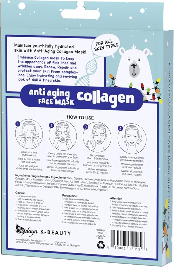 Saplaya K-Beauty Facial Skincare Natural Beauty Multi-Pack Face Sheet Masks Balanced Skin Care Made In South Korea (Polar Hug Anti-Aging Collagen Holiday Pack)