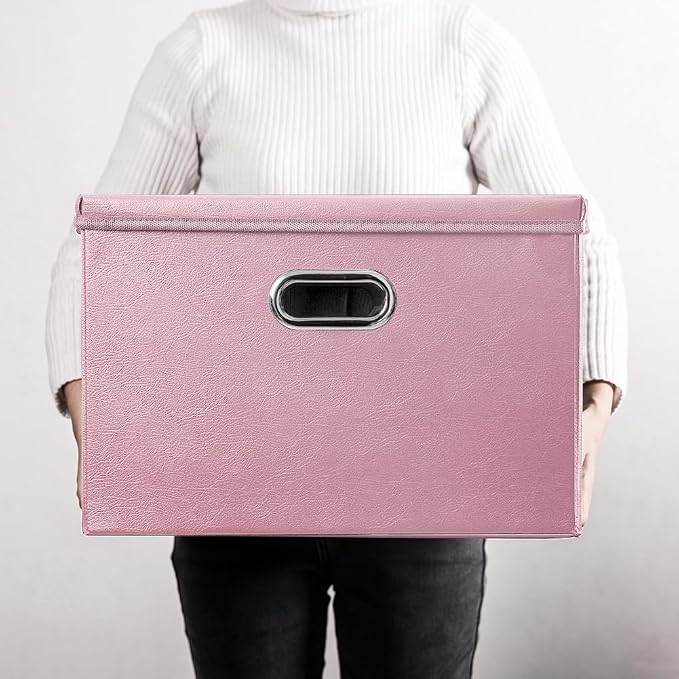 Large Stackable Storage Bins with Lids [3-Pack] Leather Fabric Foldable Storage Boxes Organizer Containers Baskets Cube with Cover for Bedroom Closet Office Nursery Pink (17.7x11.8x11.8)