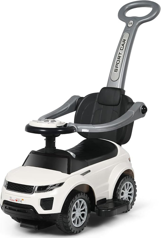 GLACER Push Cars for Toddlers 1-3, 3-in-1 Kids Sliding Car with Detachable Guardrail, Horn, Music, Lights, Storage Box and Anti-Roll Design, Ride on Push Car for Boys Girls(White)