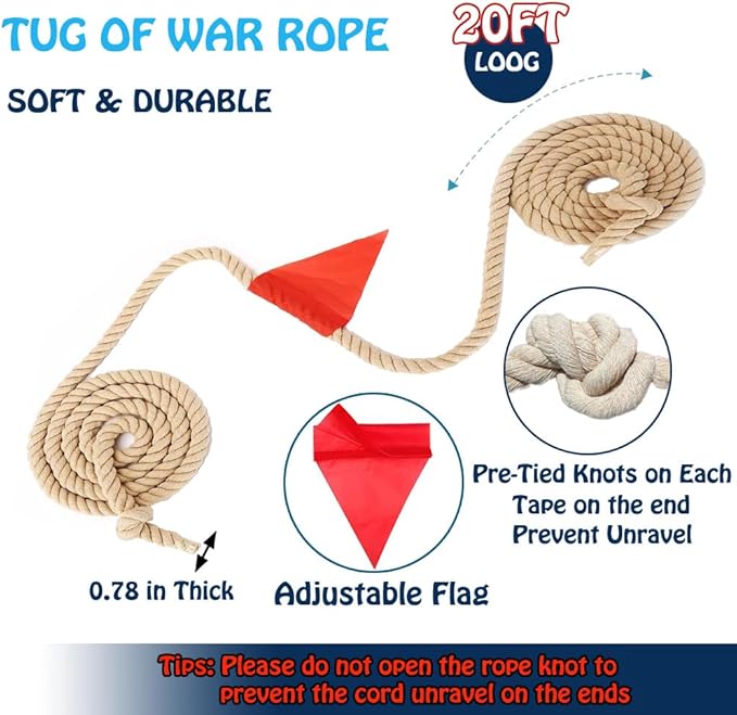 20 Feet Tug of War Rope for Kids and Adults, Outdoor Games Summer Outdoors Yard Backyard Camping Lawn Games for Field Day Family Reunion Birthday Party Team Building Activities Carnival Games-Beige