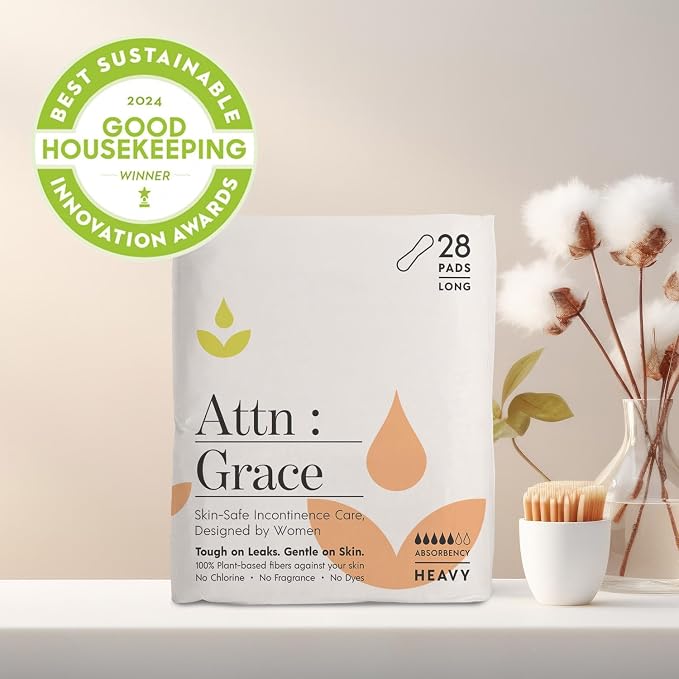 Attn: Grace Heavy Incontinence Pads for Women, 4-Pack (112 Pads Total / 28 per Pack) - Plant-Based, High Absorbency, Breathable - Incontinence Pads for Heavy Bladder Leaks & Sensitive Skin
