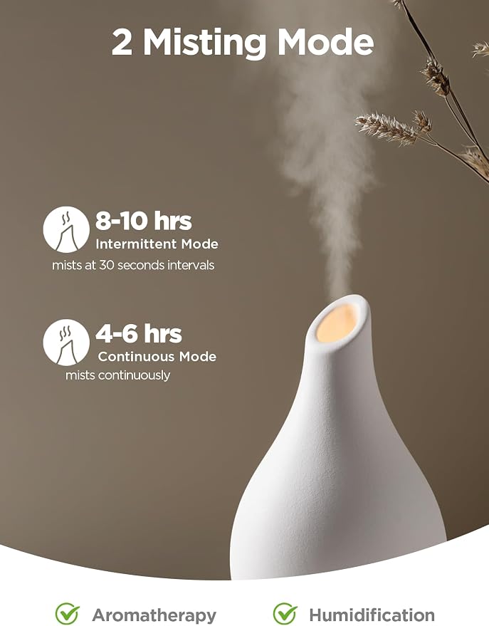 InnoGear Essential Oil Diffuser, 150ml Ceramic Diffuser Handcrafted Stone Aromatherapy Diffusers Ultrasonic Cool Mist Humidifier Vaporizer 2 Mist Modes Waterless for Home, White Vase-Shaped Ceramic