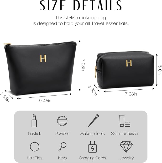 Women Gifts | Initial Makeup Bag for Girl Personalized Gifts for Bridesmaid Friend PU Leather Cosmetic Travel Toiletry Bag(Black,H)