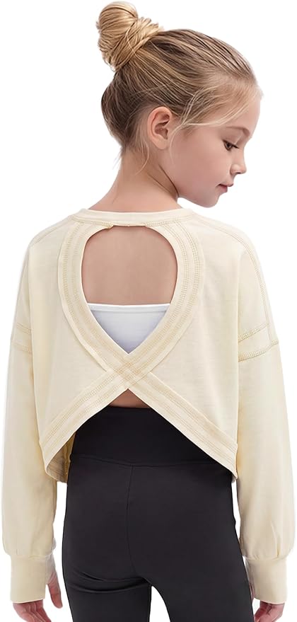 Gogokids Girls Shirts Long Sleeve Athletic Shirts Open Back Tops Active Sports Tshirts Yoga Workout Crop Tees 5-14 Years