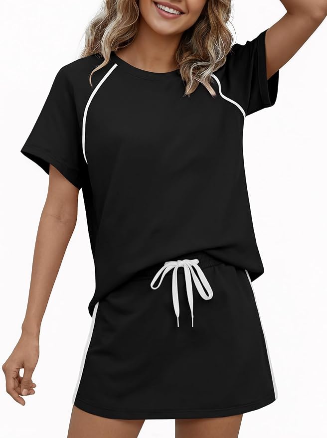 Womens 2 Piece Skirt Sets Summer Tennis Outfits Vacation Skort Set | Two Piece Sets, Short Set, Athletic Workout Golf Outfits, Crew Neck, Color Block, Drawstring, Workout Mathcing Lounge Sets