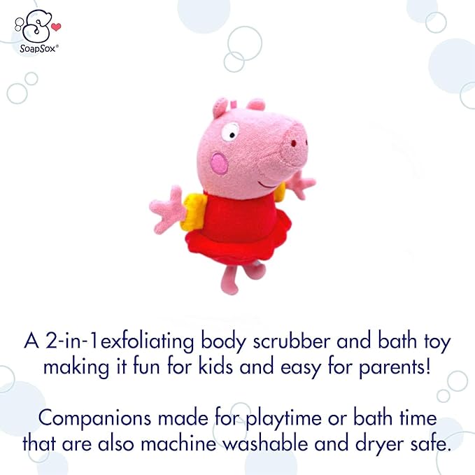 Peppa Pig by SoapSox Kids - Exfoliating Bath Scrub - Soft Animal Toy Wash Cloth Sponge with Soap Pocket Insert - Fun Loofah Characters for Babies, Kids and Children