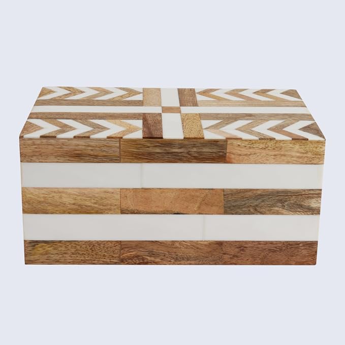 Handicrafts Home White Large Decorative Storage Box with Lid Wooden Memory Box Keepsake Storage Box Photo Storage Box for Home Organization – Resin Inlay Patisserie Adorn Collection- 10x5x5