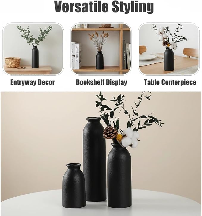 CEMABT Black Ceramic vase Set-3 Flower vases for Decor,Modern Boho Farmhouse Home Decor,Decorative vase for Pampas Grass&Dried Flowers,idea Shelf,Table,Bookshelf
