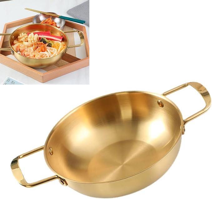 Korean Ramen Cooking Pot with Handle, Stainless Steel Everyday Pan, Stainless Steel Fast Heating Convenient Noodle Pot for Soup, Small Hot Pot 18cm/7.1in (Original Color) (Gold)