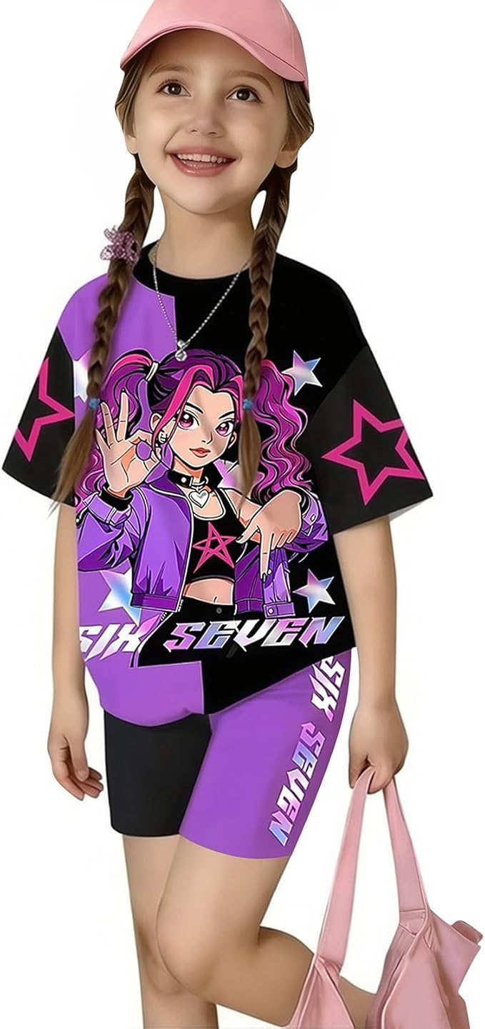 K-POP DEM0N Hunters Outfits for Girls, 2 Piece T-Shirts and Apparel Sets Birthday Gift