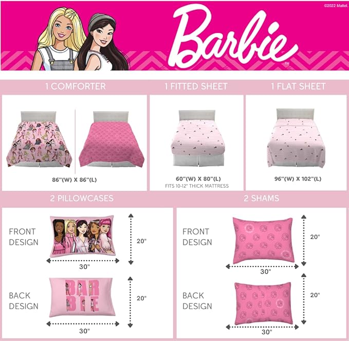 Franco Barbie Barbicore Bedding Super Soft Comforter and Sheet Set with Sham, 7 Piece Queen Size, (Official Licensed Product)