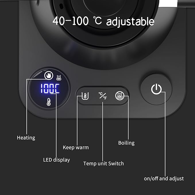 RHD Gooseneck Electric Kettle with Temperature Control LCD Display, 0.9L/900ml Pour Over Coffee & Tea Kettle, 1200W Fast Boil, Keep Warm, 304 Stainless Steel, Black