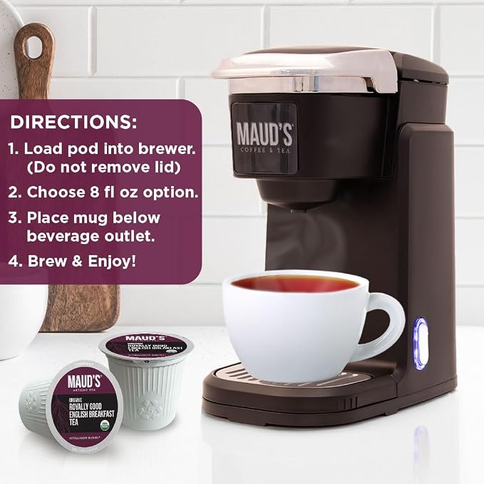 Maud's Organic English Breakfast Black Tea Pods, 48 ct, Single Serve Pods – 100% Gourmet Blended Tea Leaves, Compatible with Keurig K Cups Maker
