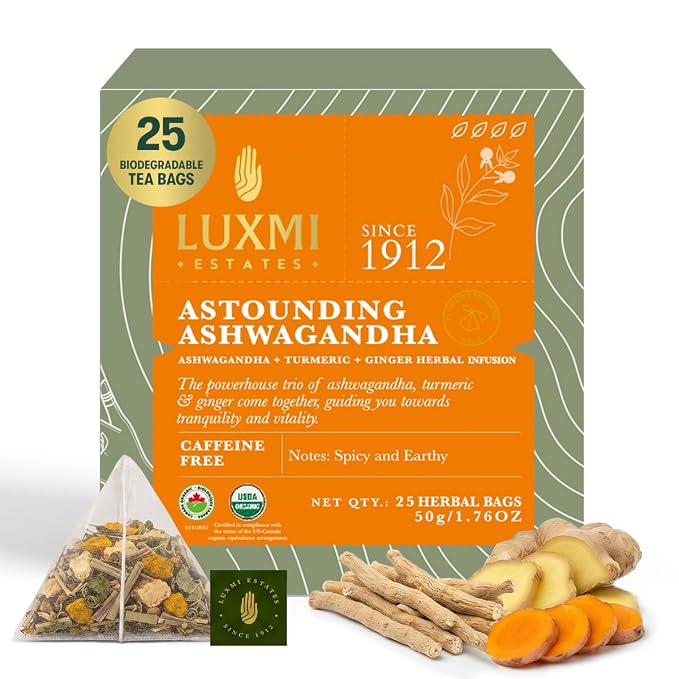 Luxmi Estates Ashwagandha Turmeric | Organic Adaptogen Tea with Ashwagandha, Turmeric, Ginger, Lemongrass, Licorice & Moringa, Caffeine-Free | 25 Biodegradable Tea Bags | 50g/1.76oz