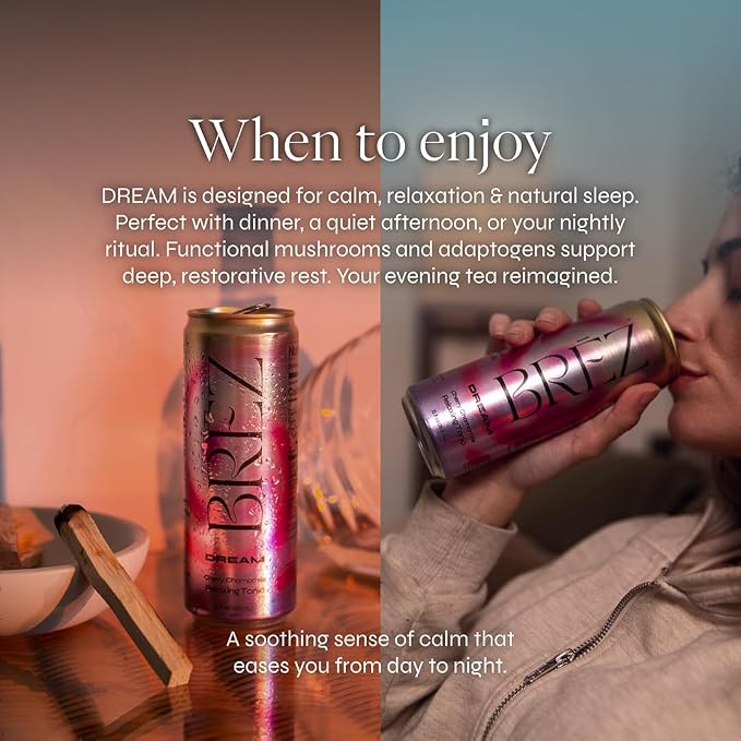 BRĒZ Dream Reishi Mushroom Drink, Non-Infused Relaxing Tonic with Reishi, Chamomile, Tart Cherry, Magnesium & L-Theanine, Vegan Adaptogen Drink for Sleep, Calm & Mood, 12 fl oz - 24 Pack