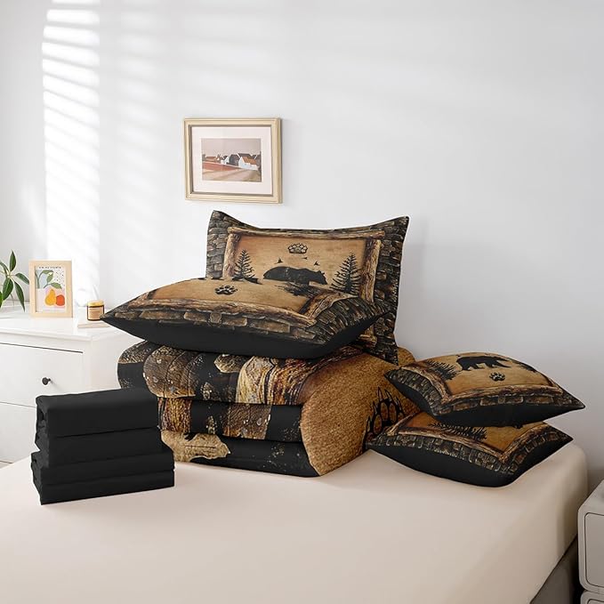 Feelyou Kids Rustic Bear 7 Piece Bedding Set Twin Size Farmhouse Forest Animal Black Bear Comforter Set with Sheets Boys Girls Hunting Country Brown Bed in a Bag
