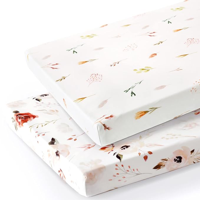 Stretchy Ultra Soft Jersey Knit Pack n Play Sheets Set 2 Pack, Portable/Mini Crib Sheets with Deep Pocket, Universal Fit Playard Pads Safe and Snug, Pretty Rose Flora for Girls, Orange Pink