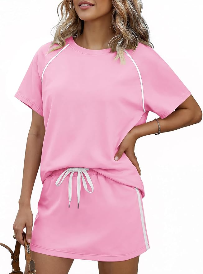 Womens 2 Piece Skirt Sets Summer Tennis Outfits Vacation Skort Set | Two Piece Sets, Short Set, Athletic Workout Golf Outfits, Crew Neck, Color Block, Drawstring, Workout Mathcing Lounge Sets