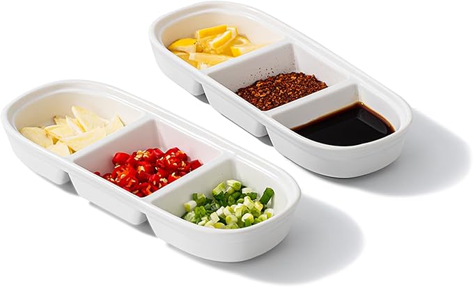 2PCS Ceramic Dishes, Ceramic Dish Stainless Steel Soy Tomato Sauce Salt Vinegar Sugar Spices Flavor Condiment Dip Bowls Korean BBQ Home Kitchen Plates, 3 Compartment Sauce Dish (3 Grids White)