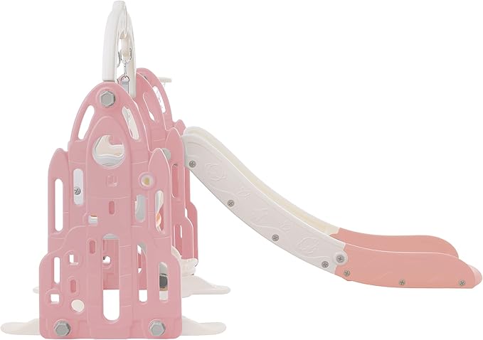 4 in 1 Toddler Slide Swing Set Freestanding Slide Climber Playset with Basketball Hoop Indoor Outdoor Playground Equipment for Kids Gifts Pink+White