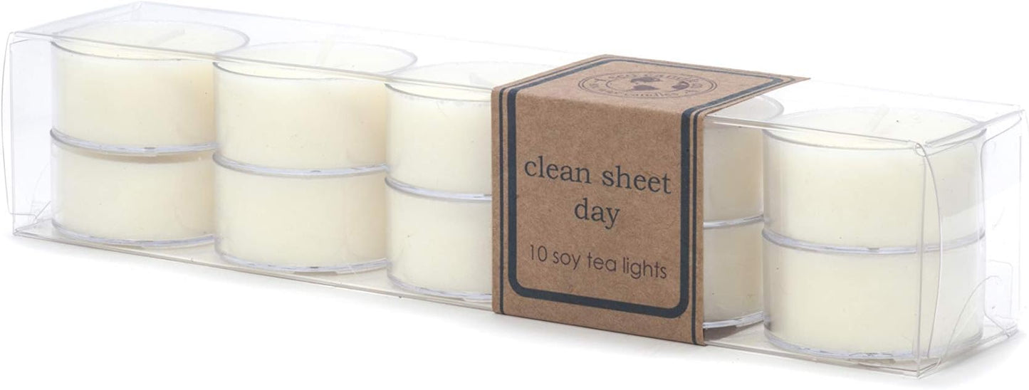 Eco Candle Co. Clean Sheet Day Tea Light Candles, 10-Pk, 9 Hr Burn Time | Scents of Clean Linens - Recyclable, No Lead, Hand Poured, Phthalate Free, Made from Midwest Grown Soybeans, .6 oz. Each