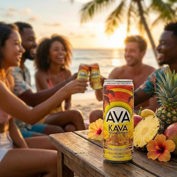 AVA Kava | Alcohol-Free Relaxation Drink | Pineapple Hibiscus | Fast Acting Nano Kava • Zero Sugar Alcohols • Vegan • Plant Based • No Preservatives • Natural Flavors • Non GMO • Gluten Free | 12oz Cans (6-Pack)