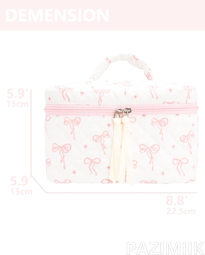 Quilted Makeup Bag Large Travel Zipper Soft Cosmetic Case for Women Girls Make Up,Bow Pink