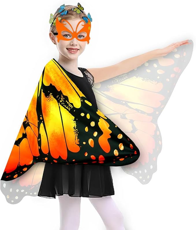 Kids Butterfly Wings Costume Girls Fairy-Wings Toddler Dress Up Play Costumes Butterfly Hair Clip Mask Party Favors (Orange Sets)