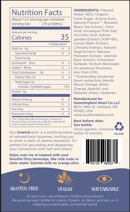 Soul Hum Unwind Non-Alcoholic Elixir – Functional Botanical Drink with Ashwagandha, Lemon Balm & Valerian Root - Alcohol Free Beverage, Blood Orange Flavor for Relaxation Moments - 25.4 Fl Oz