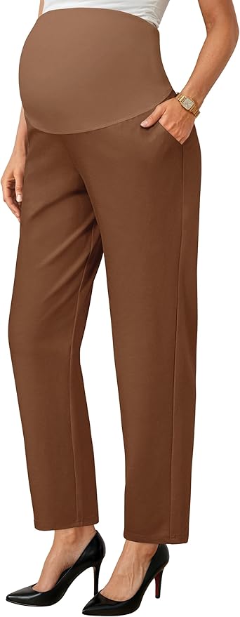 OUGES Womens Stretchy Maternity Over Belly Casual Work Straight Leg Pants Ankle Business Office Trousers with Pockets