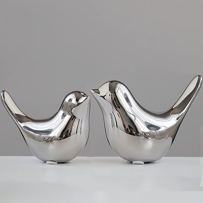 FANTESTICRYAN Small Birds Statues Home Decor, Modern Style, Silver, M&L | Ceramic Animal Figurines, Set of 2 Decorative Ornaments, For Living Room, Bedroom, Office Desktop, Cabinets, Coffee Bar