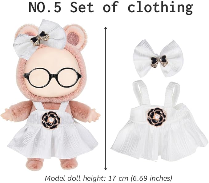 ebuddy 6 Sets 17cm Plush Dolls Clothes - Dress Up Doll Clothing Set Replacement Outfit Collection with Hats & Accessories (No Doll No Glasses)