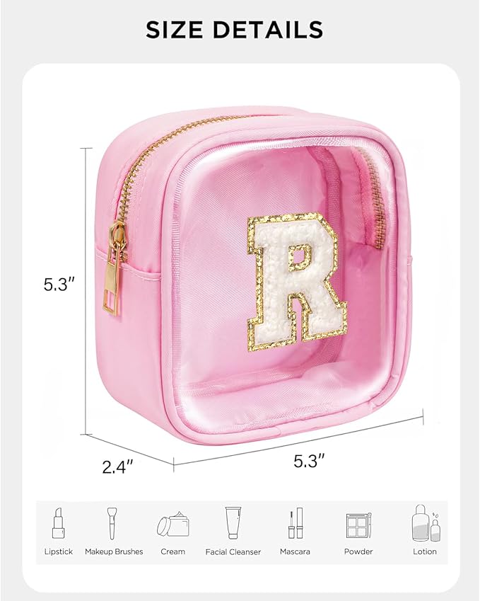 KOTORA Mini Initial Makeup Bag | Travel Toiletry Bag | Clear Makeup Bag | Travel Essentials Gifts for Women Teen Girlfriend Teacher Brithday Gifts Clear Toiletry Bag Small Mini Cosmetic Bag Pink R