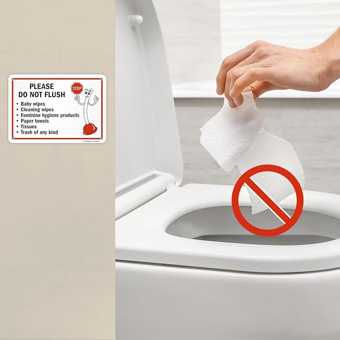 SmartSign 2-Pack 'Please Do Not Flush Wipes/Feminine Hygiene Products/Paper Towels/Tissues/Trash' Bathroom Sign with Funny STOP Symbol - 7" x 10", 55 mil HDPE Plastic, Red/Black/White, USA-Made