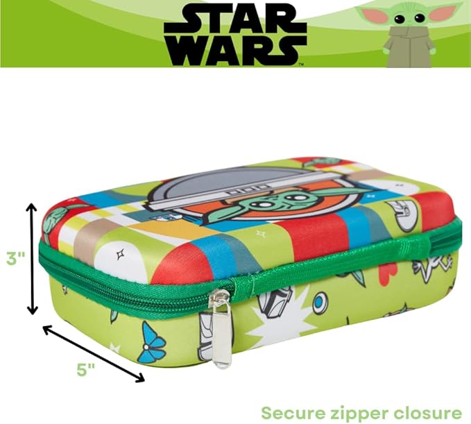 Innovative Designs Star Wars Baby Yoda Mandalorian Pencil Case Set with Stickers and Gel Pens for Kids, Molded with Zip Closure, Green