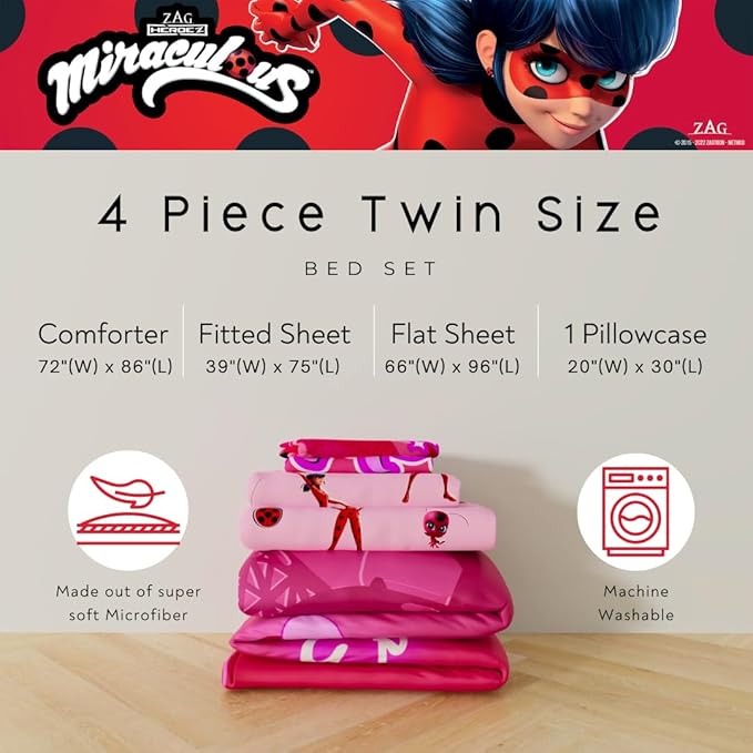 Miraculous: Tales of Ladybug and Cat Noir Kids Bedding Super Soft Comforter and Sheet Set, 5 Piece Full Size, (Officially Licensed Product)