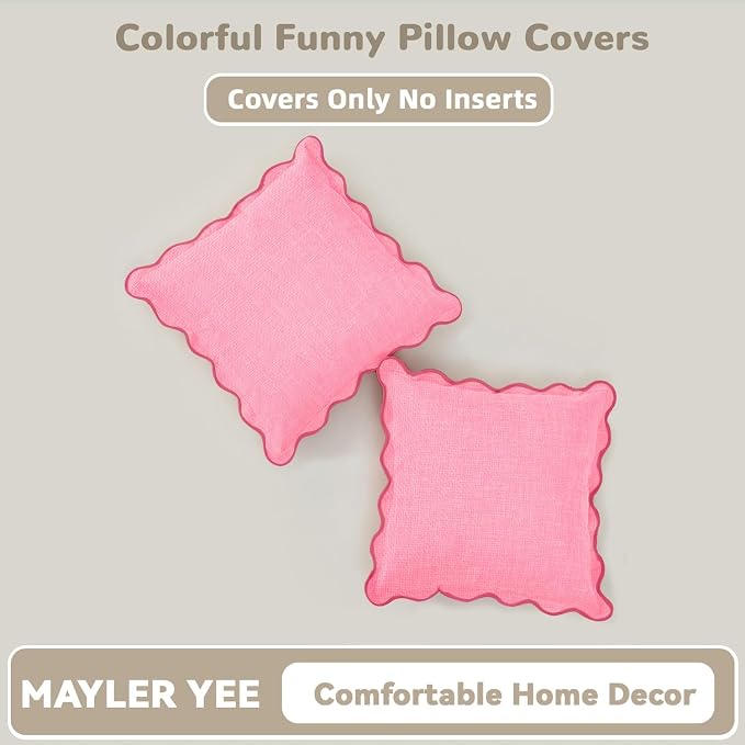 Scalloped Throw Pillow Covers | Decorative Couch Pillows | Boho Sytle for Living Room | for Valentines Day (Pink, 18x18 Inch)