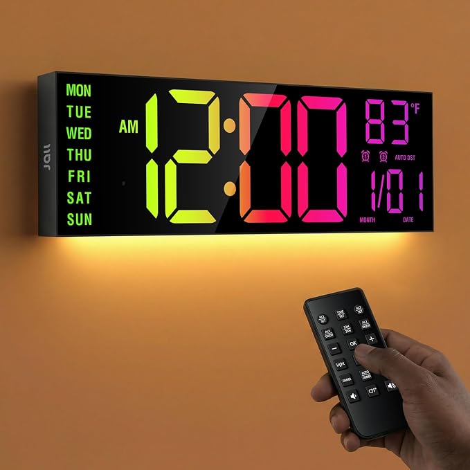 JALL 16" Large Digital Wall Clock with RGB Colors, Wall Clock for Living Room Classroom, Digital Clock with Temperature Timer, Classroom Decor for Teacher and School (Black, 16 inches)