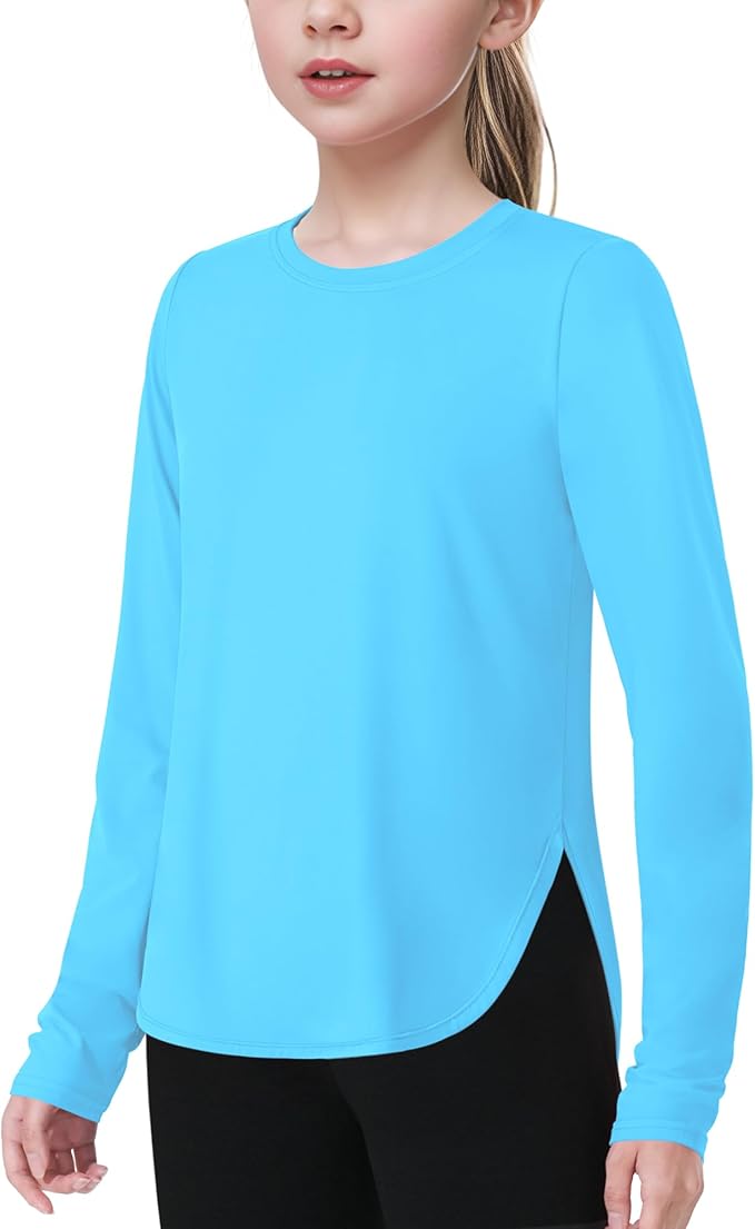 JOCMIC Girls Long Sleeve Shirts Kids Athletic Quick Dry UPF 50+ Sun Shirt Basic Tees for Gym Yoga Tops