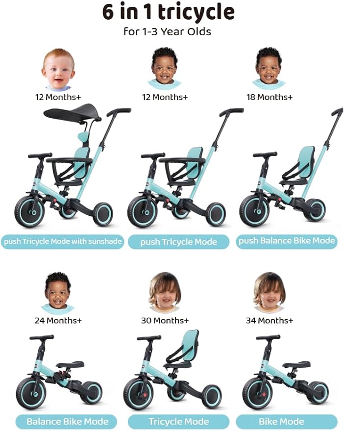 newyoo Tricycle for Toddlers 1-3, Toddler Bike, Birthday Gift and Toys for Girl and Boy, Push Trike with Handle and Canopy, 6 in 1 Baby Trike, Balance Bike, TR009, Blue