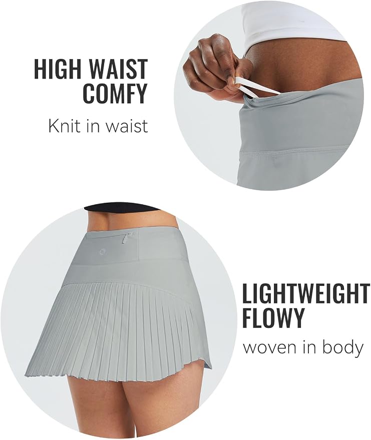 baleaf Tennis Skirt Pleated Golf Skorts with 3 Pockets | 14", Built in Shorts, High Waisted, Anti-slip Strip, Lightweight, for Athletic, Workout, Pickleball, Skorts for Women