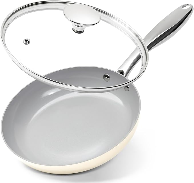 MICHELANGELO Frying Pans Nonstick with Lid - 8 Inch Small Frying Pan, Non Toxic Ceramic Pan with Lid, Non Stick Small Skillet for All Stovetops, Beige